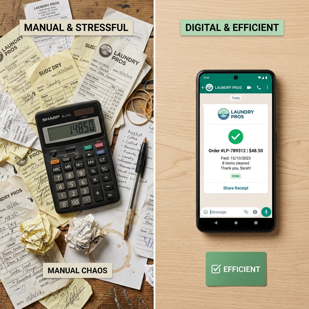 Perbandingan Nota Laundry Manual Kertas vs Digital WhatsApp