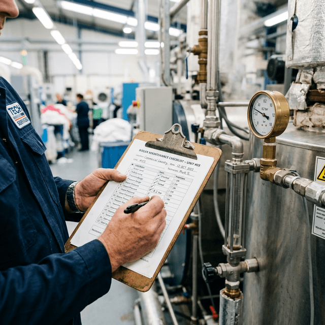 Teknisi mengecek mesin boiler uap laundry