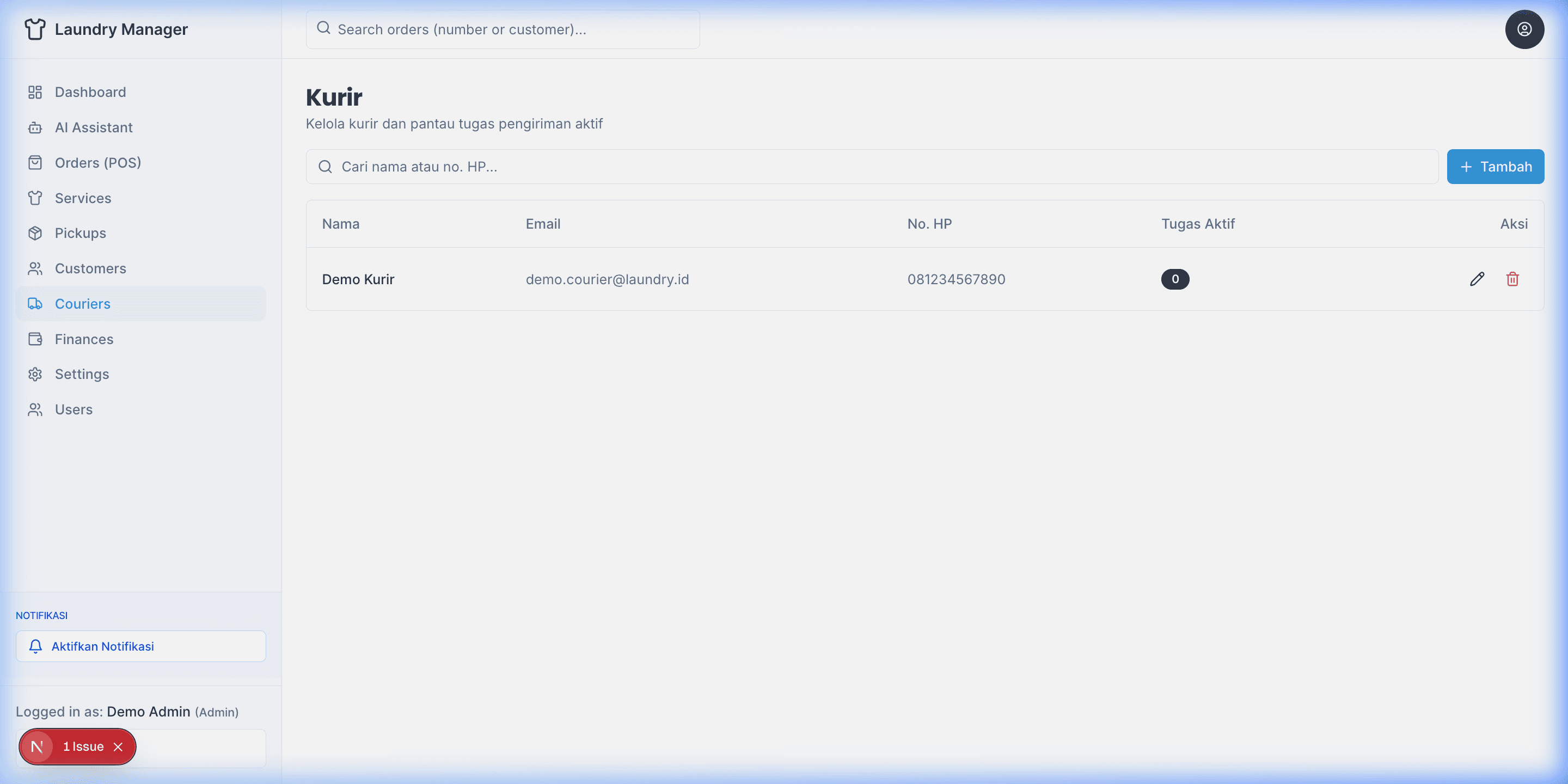 Halaman Manajemen Kurir