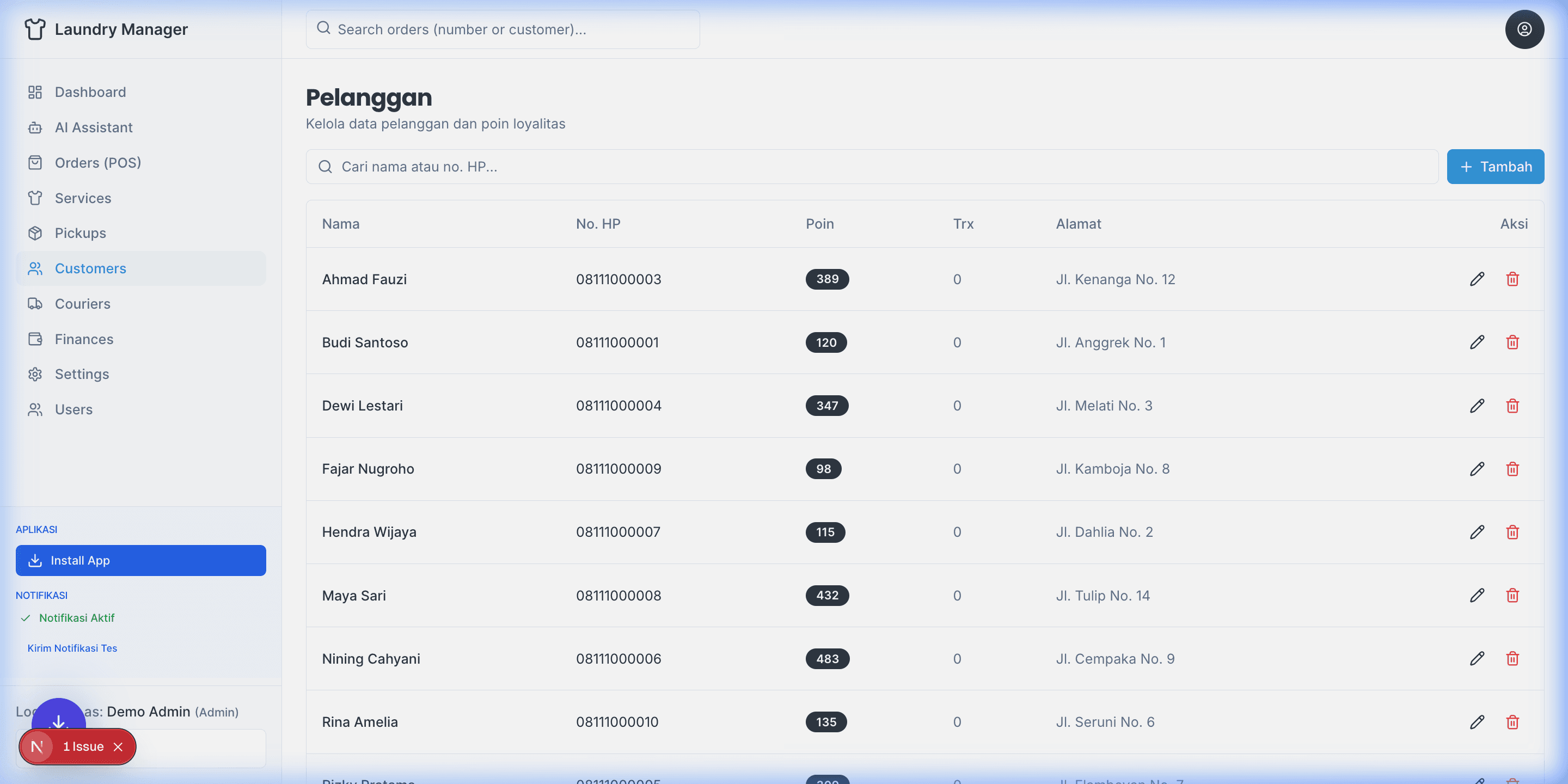 Halaman Daftar Pelanggan (Customers)