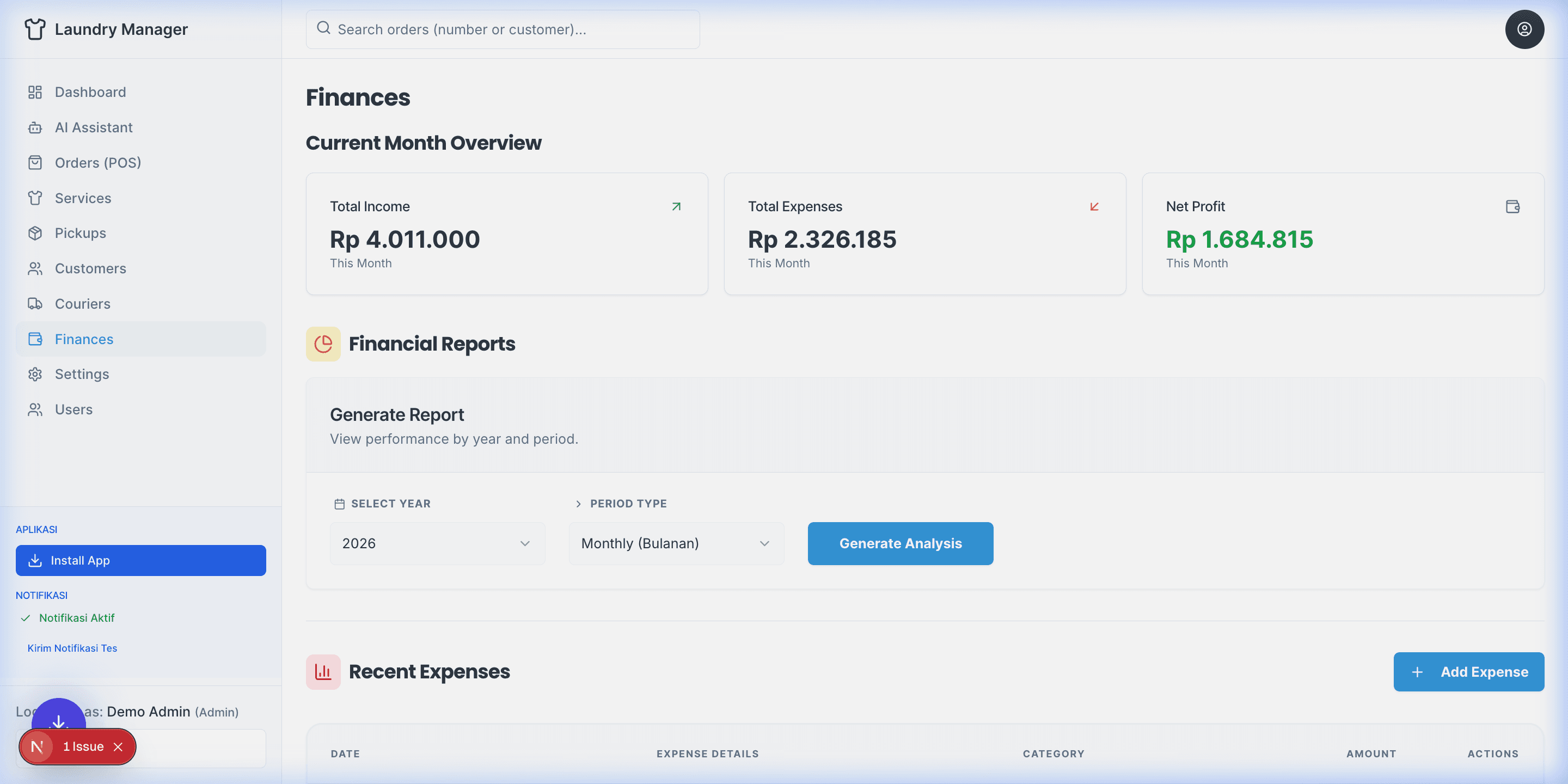 Halaman Keuangan (Finances)