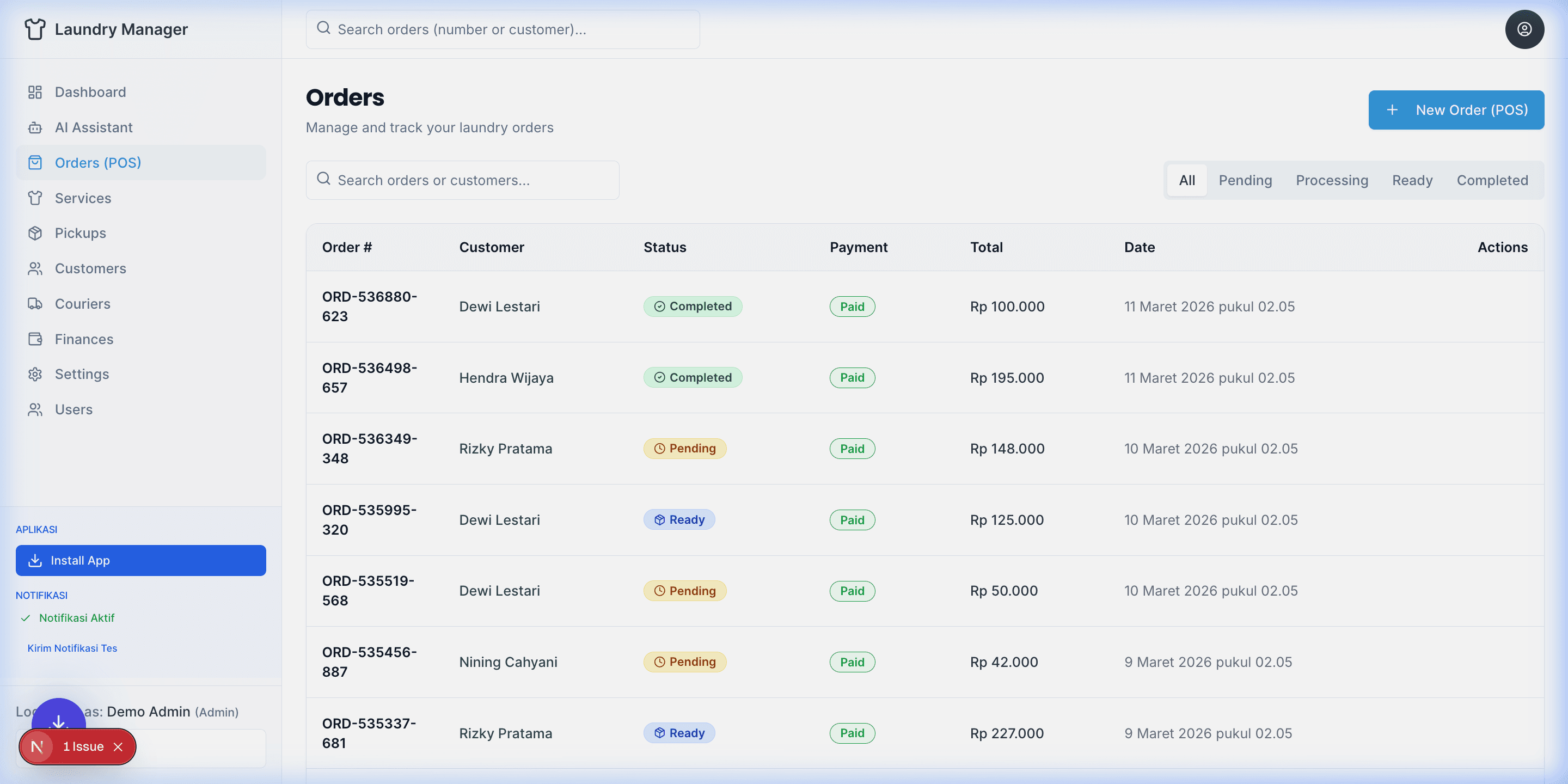 Halaman Daftar Pesanan (Orders)