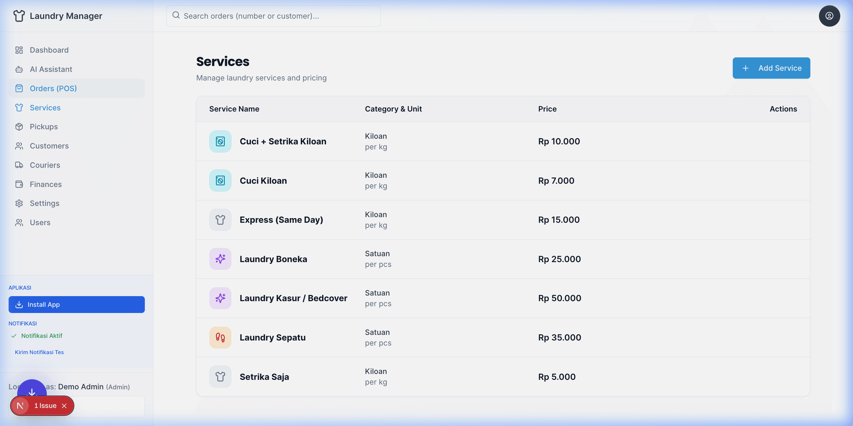 Halaman Daftar Layanan (Services)