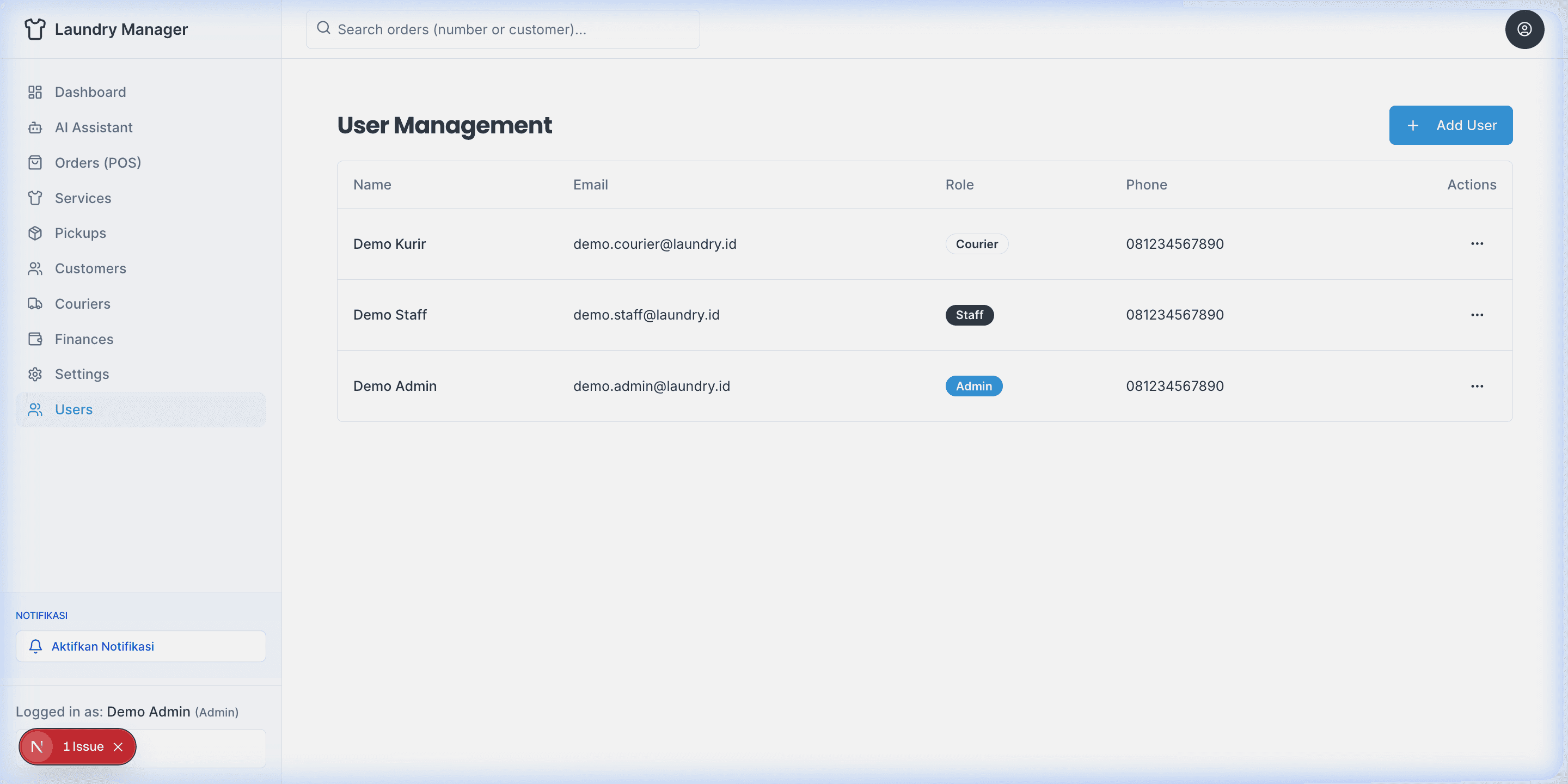 Halaman Manajemen User